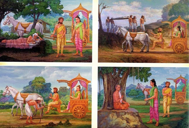 Prince Siddhartha witnessing the suffering of aging, old age, death and a sage outside his palace